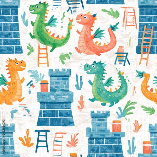 Dragons play around castle towers and ladders with vibrant plants