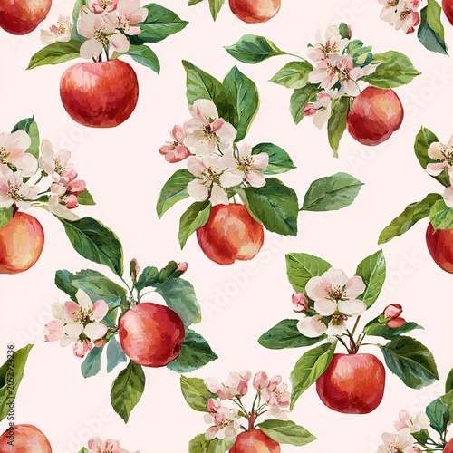 Decorative pattern shows apples with flowers and leaves arranged evenly