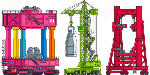 Bild auf Leinwand Heavy Aerospace Launch Support Equipment Vector Set with Mobile Launch Platform