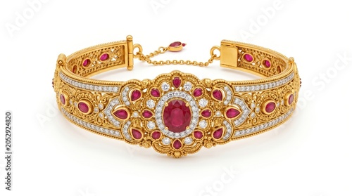 Luxurious gold ruby bracelet, ornate bridal Indian jewelry bangle, royal gemstone armlet isolated on white