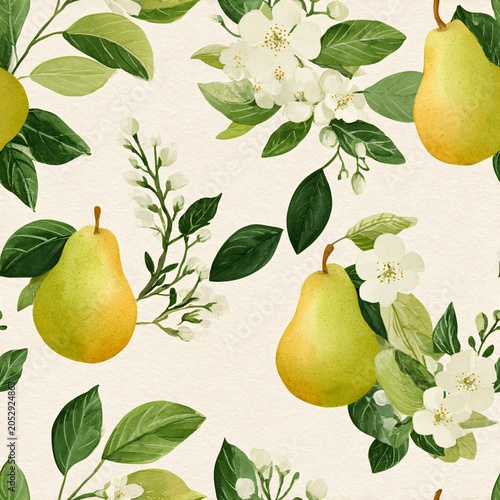Design showcases a light backdrop with pears and floral branches