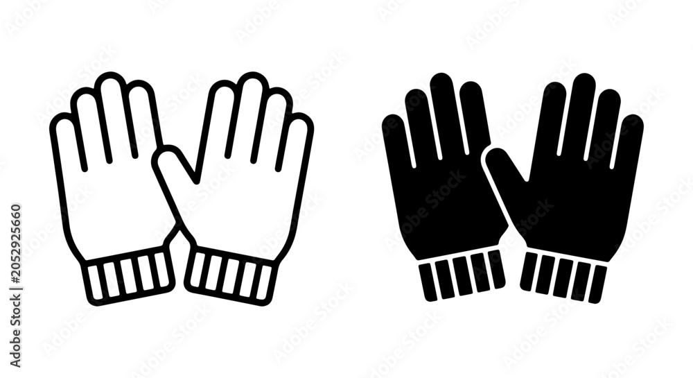 Fototapeta premium Winter Gloves Icon Set, Black and White Outline and Solid Fill Vector Graphics
