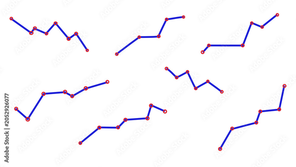 Obraz premium Abstract geometric blue zigzag lines with red data points illustrating connections, routes, and network paths. Modern digital infographic design element on white background.