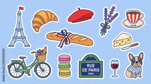 Bild auf Leinwand Colorful vector illustration featuring iconic symbols of Paris including a crois
