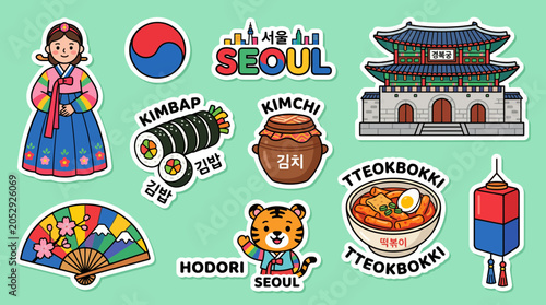 Εκτύπωση καμβά Vibrant vector graphic sticker set featuring iconic korean cultural elements lik