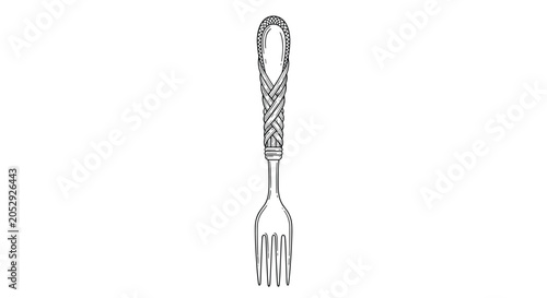 Foto Highly decorated fork with an intricate woven handle design is shown vertically as a vintage silverware piece