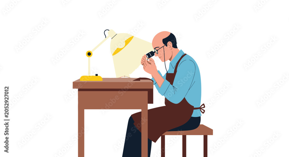 Fototapeta premium Craftsman working at desk with magnifying glass and lamp