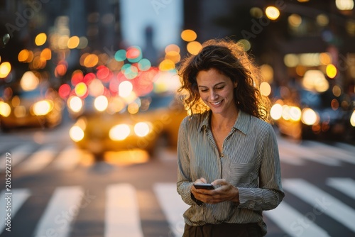 Woman in business casual standing at crosswalk at dusk, smiling at phone screen with car tail lights streaking in background. Online dating app, social media scrolling reels, digital life.