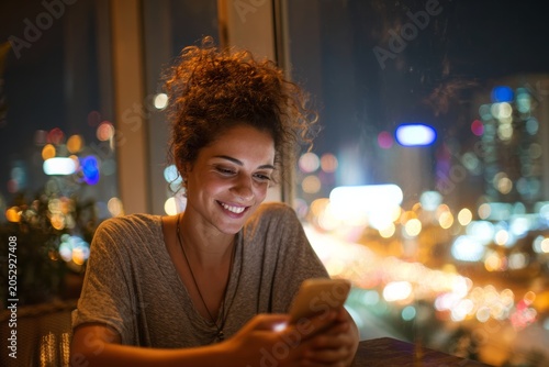 Young Hispanic woman sitting at home desk by large window, smiling at phone screen with blurred city lights behind. Online dating app user, hopeful connection. Millennial generation lifestyle. 