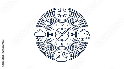Circular weather clock with sun clouds rain and snow icons.