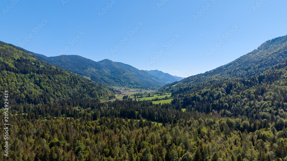 Fototapeta premium Aerial View of the Upper Sava Valley with Rateče, Slovenia