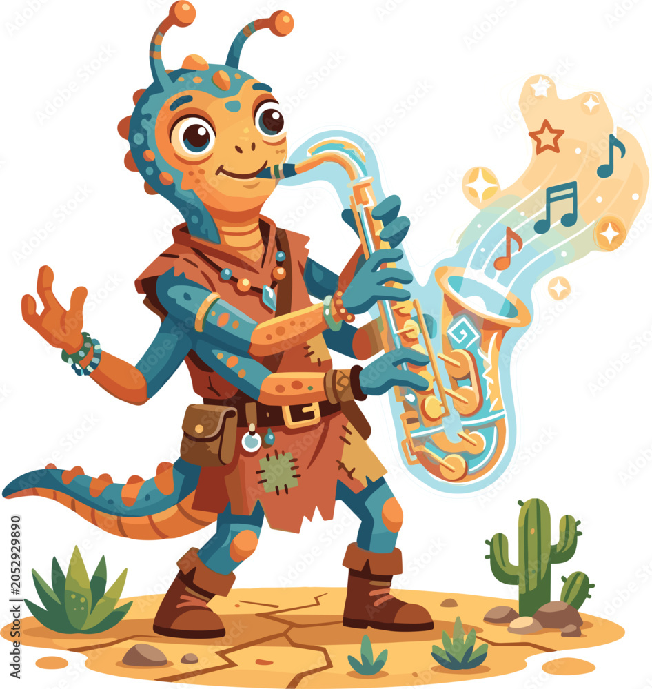 Naklejka premium Cute cartoon alien character playing saxophone in the desert vector illustration isolated on white background