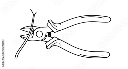 Schilderij op canvas Black and white line art illustration of a pair of diagonal cutting pliers or wire cutters snipping through a thin metal wire on white