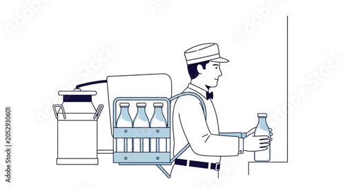 Canvas Print Milkman delivering fresh milk bottles in a retro carrier backpack