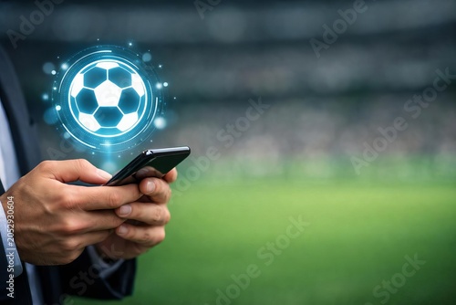 A man holds a smartphone next to a virtual hologram of a soccer ball.
