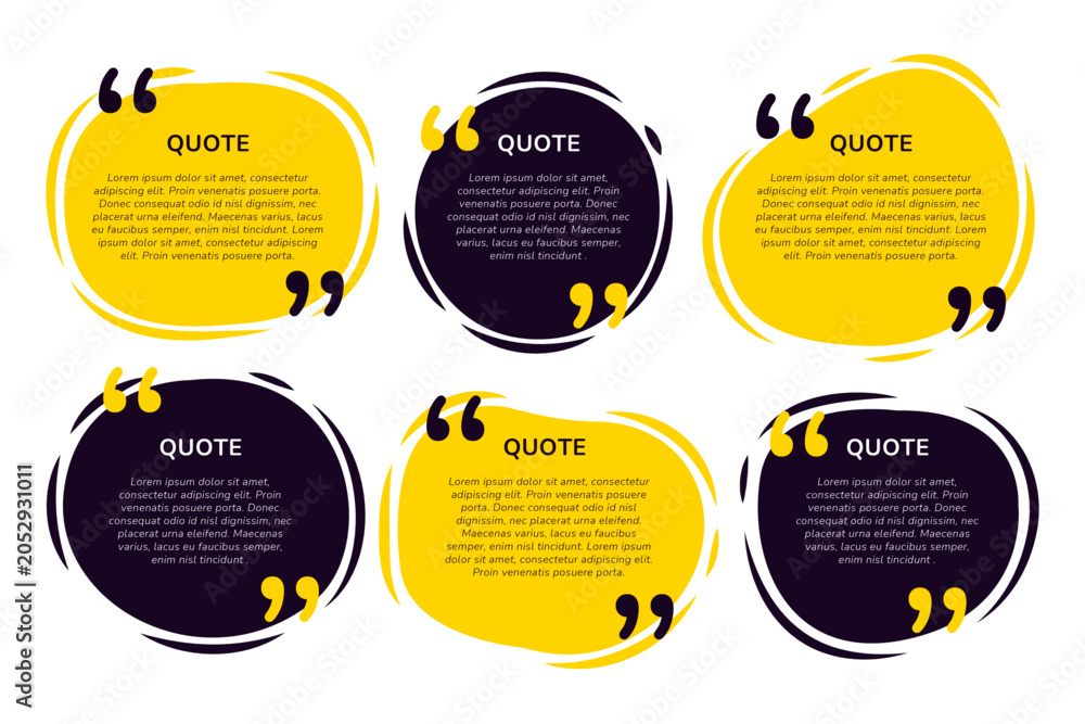 Obraz premium Modern quote box collection, yellow and black speech bubble set, 6 abstract circular text frames for social media and marketing