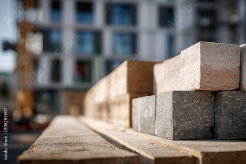 Stacked construction bricks arranged neatly on wooden pallets with blurred urban building and crane in the background during daytime on-site work