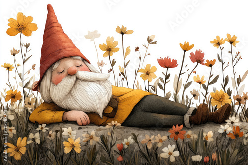 A Happy Gnome Resting Peacefully in a Springtime Flower Field
