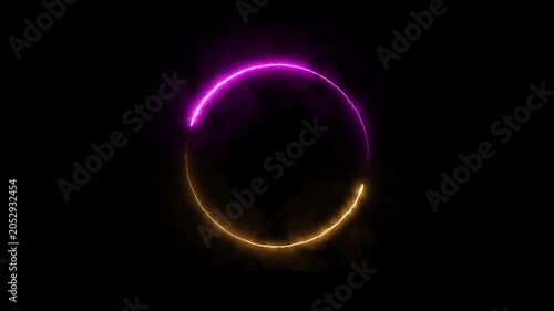 Futuristic glowing versus purple and yellow energy line circular border loop animation video with cyberpunk style neon fire laser light round frame black background overlay for live streaming screen.