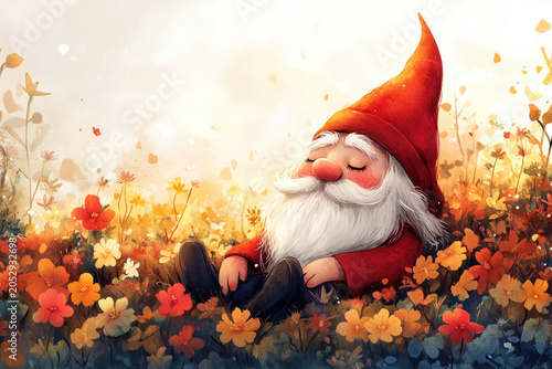 A Peaceful Gnome Surrounded by Blooming Nature in Spring