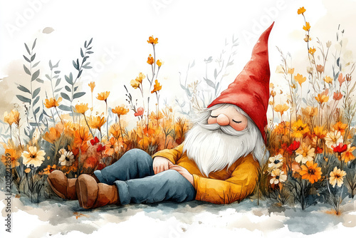Serene Gnome Lying Among Flowers in Early Spring