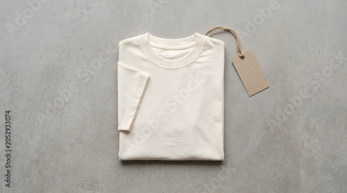 Folded cream cotton t-shirt mockup with cardboard hangtag flat lay