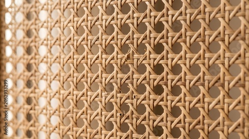 Detailed macro texture of a woven natural rattan cane screen