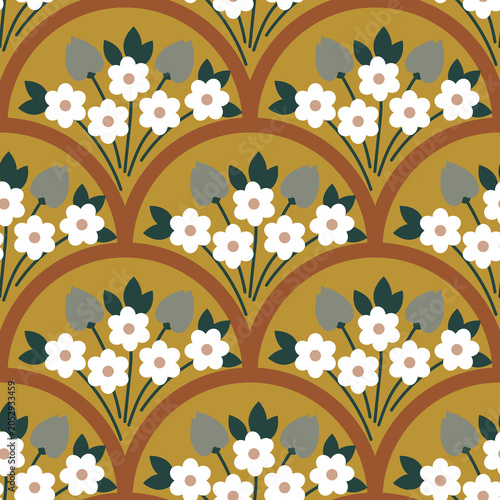 Retro Fish Scale Seamless Pattern with White Flowers on Brown Background