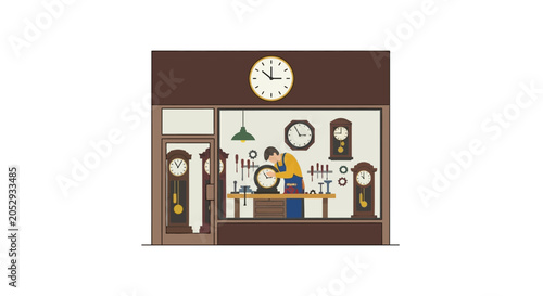 Canvas Print Watchmaker repairing clocks in workshop, vintage store window display