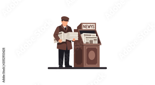 Φωτογραφία Vintage Newsboy Delivering Newspapers from a Street Stand
