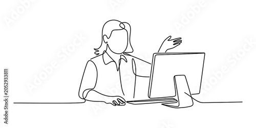 Photos Continuous line drawing of a woman sitting at a desk and working on a computer s