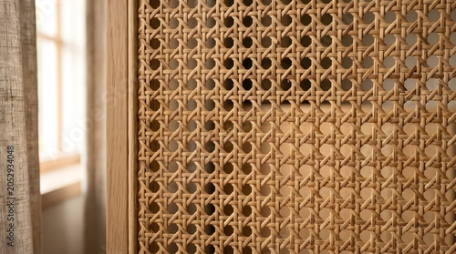 Detailed macro texture of a woven natural rattan cane screen