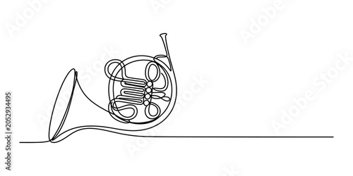 Canvas Print Continuous single line drawing of a french horn musical instrument for orchestra