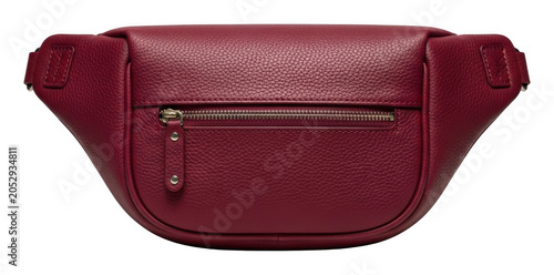 Premium burgundy leather waist bag featuring textured grain and silver zipper isolated transparent background image