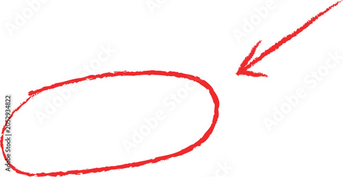 Red handdrawn arrow pointing towards a thick red oval outline on a white background isolated on transparent background