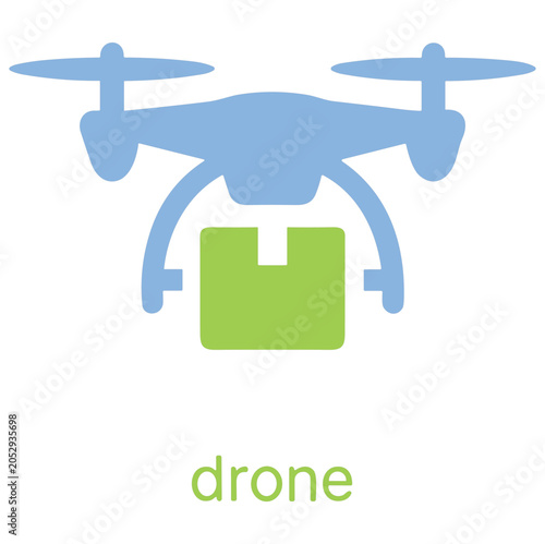 Foto A blue drone with a green package attached underneath flying