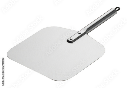 Professional brushed stainless steel pizza peel with ergonomic handle for baking isolated transparent background image
