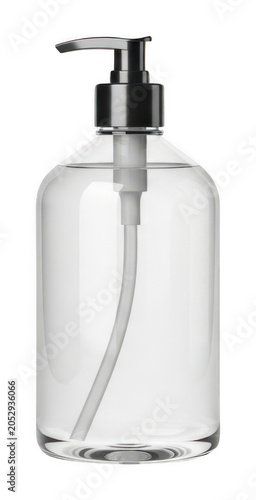 Professional clear plastic pump bottle with liquid soap and sleek black dispenser isolated transparent background image