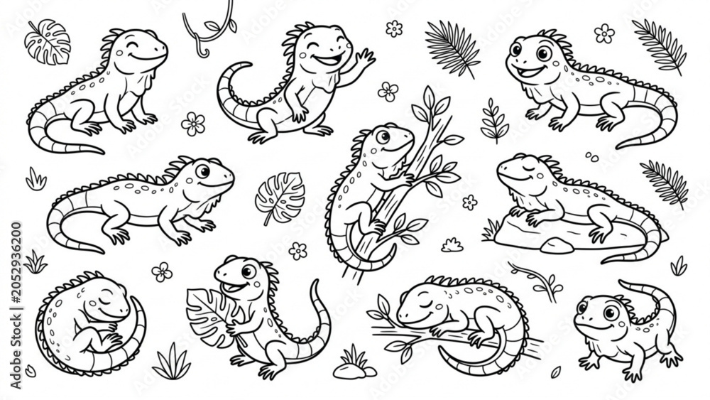 Obraz premium Cute Iguana Cartoon Character Collection with Playful Reptile Poses and Tropical Nature Elements Vector Set