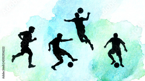 Soccer Players Silhouette, Football Action Dynamic, Team Sport, Athletes Playing, Sports Background, Copy Space, Graphic Design, Illustration, Watercolor Texture