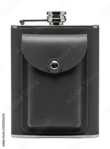 Professional matte charcoal grey hip flask with black leather pouch and metal cap isolated transparent background image