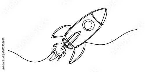 Continuous single line drawing of a flying space rocket ship launching into the air with fire coming out from the engine representing startup and innovation Vector, illustration