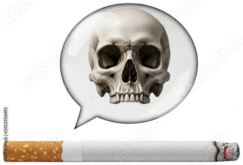 Realistic human skull inside a speech bubble above a burning cigarette isolated transparent background image