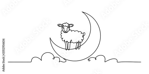 Photos Cute sheep standing on a crescent moon with clouds drawn in a simple continuous