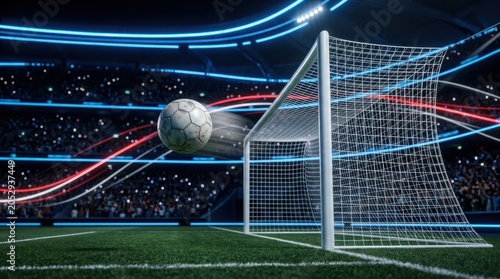 A soccer ball flies toward the goal net in a vibrant stadium filled with digital motion light lines.