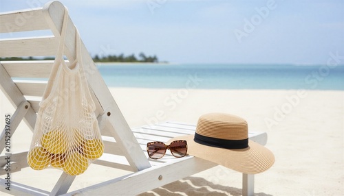 Beach lounge chair with sunhat sunglasses and mesh bag lemons on tropical white sand, copy space 