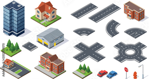 Isometric city map builder kit with vector buildings houses roads infrastructure elements and cars for urban design