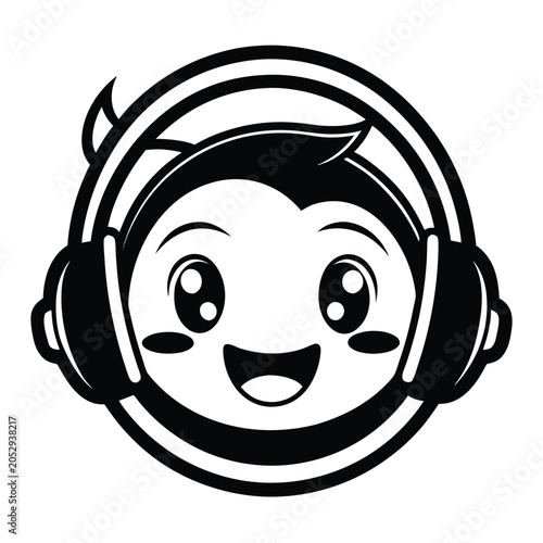 Smiling cartoon character wearing headphones