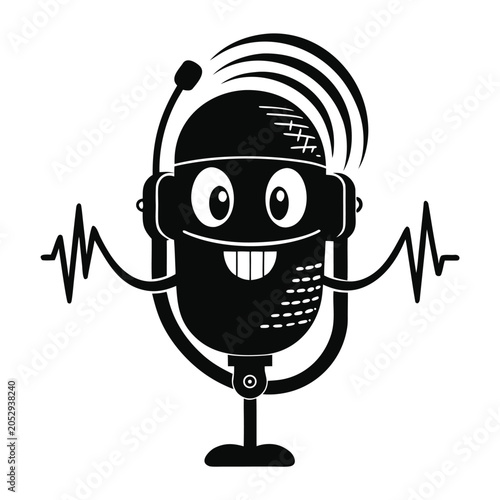 Funny black microphone with headphones and a bandage