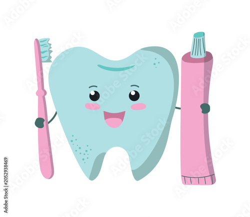 Dentistry, cartoon tooth with a toothbrush and toothpaste. Hand-drawn healthy, beautiful tooth. Oral hygiene, care, and brushing. A cheerful character caring for teeth, kawaii style.
